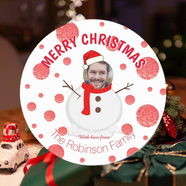 Sticker Rond Joyeux Noël Snowman Funny Photo visage (Merry Christmas Snowman Funny Photo Face Classic Round Sticker)