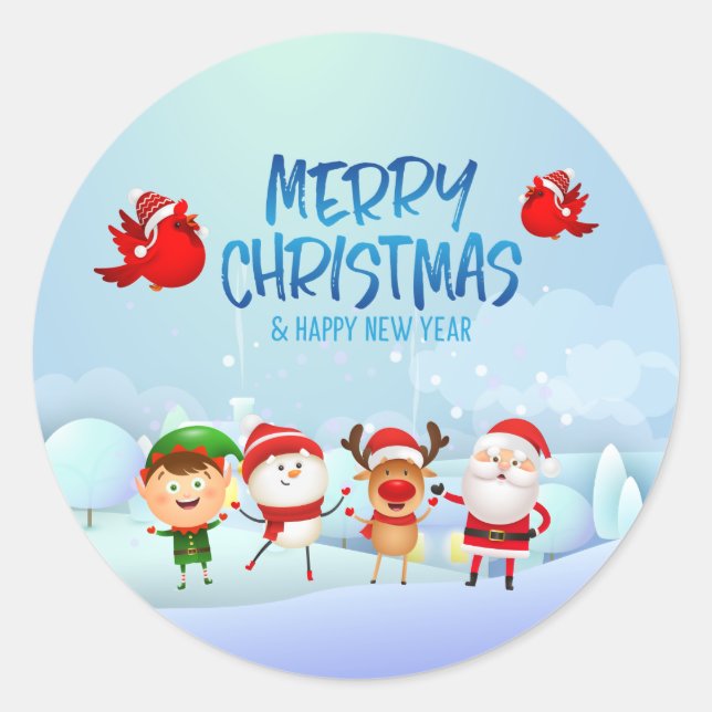 Sticker Rond Joyeux Noël Snowman Père Noël Rudolph Elf (Devant)
