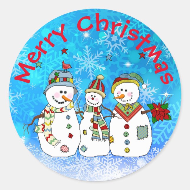 Sticker Rond Joyeux Noël Snowmen et Snowflakes (Devant)