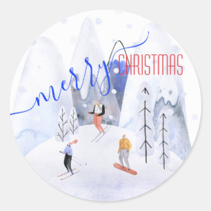 Sticker Rond Joyeux Noël Snowy Mountain Scenes Skieurs