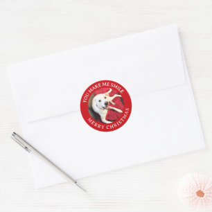 Sticker Rond Joyeux Noël Souriant Chien Photo Funny Rouge rond
