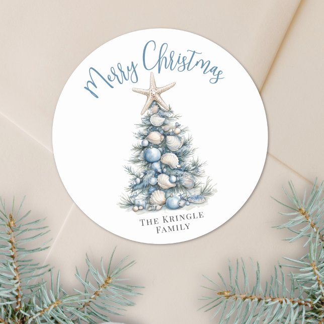 Sticker Rond Joyeux Noël sur la plage (Beach Merry Christmas Classic Round Sticker)