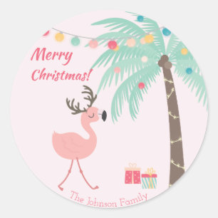 Sticker Rond Joyeux Noël - Sweet Tropical Père Noël Flamant ros