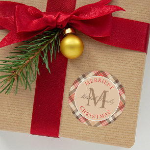 Sticker Rond Joyeux Noël Tan Tartan Monogramme Famille