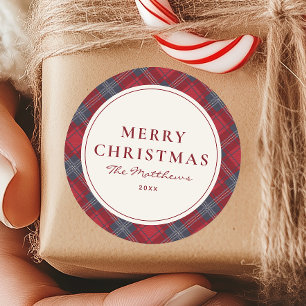 Sticker Rond Joyeux Noël Tartan Rouge et Marine Classique
