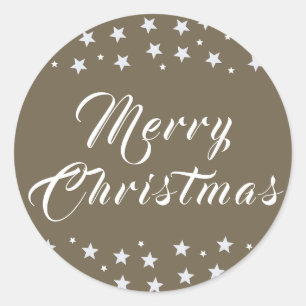 Sticker Rond Joyeux Noël tendance Script Stars Beige Holiday