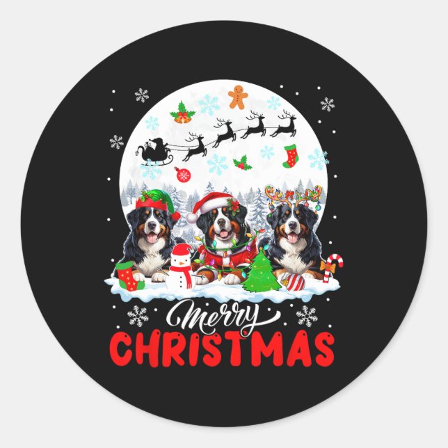 Sticker Rond Joyeux Noël Trois Père Noël Elf Reindeer Bernese M (Devant)