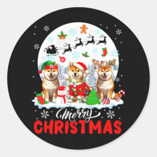 Sticker Rond Joyeux Noël trois Père Noël Elf Reindeer Shiba Inu