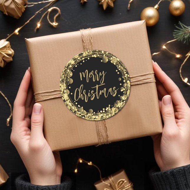 Sticker Rond Joyeux Noël Twinkling Gold Stars (Merry Christmas twinkling gold stars round stickers)