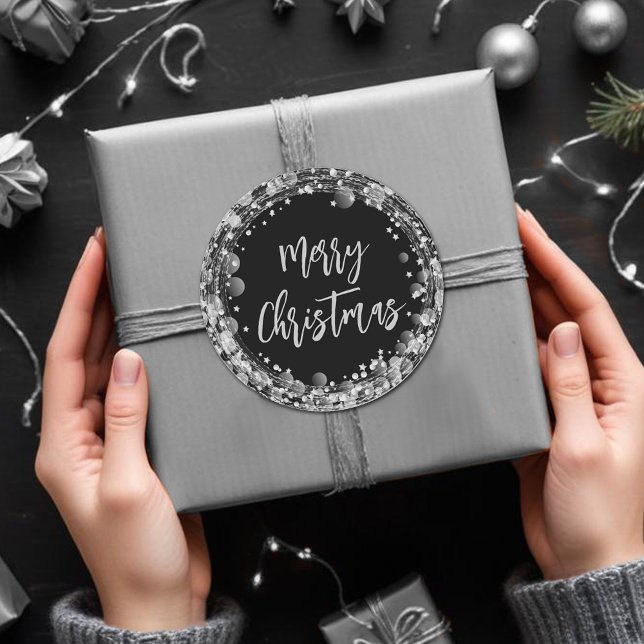 Sticker Rond Joyeux Noël Twinkling Silver Stars (Silver Stars Merry Christmas Classic Round Stickers)