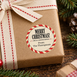 Sticker Rond Joyeux Noël Typographie Vintage Cadeau