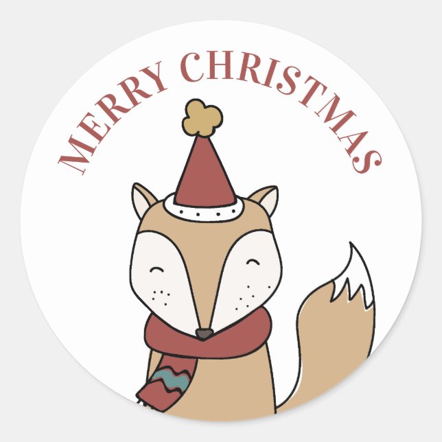 Sticker Rond Joyeux Noël. Un animal de renard hivernal très drô (Devant)