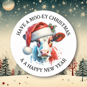 Sticker Rond Joyeux Noël Vache amusante à Santa Hat