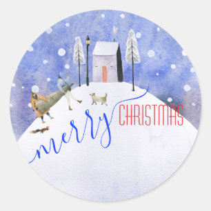 Sticker Rond Joyeux Noël veille neige scène hiver