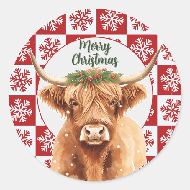 Sticker Rond Joyeux Noël Verdure Vache Highland Miniature (Devant)