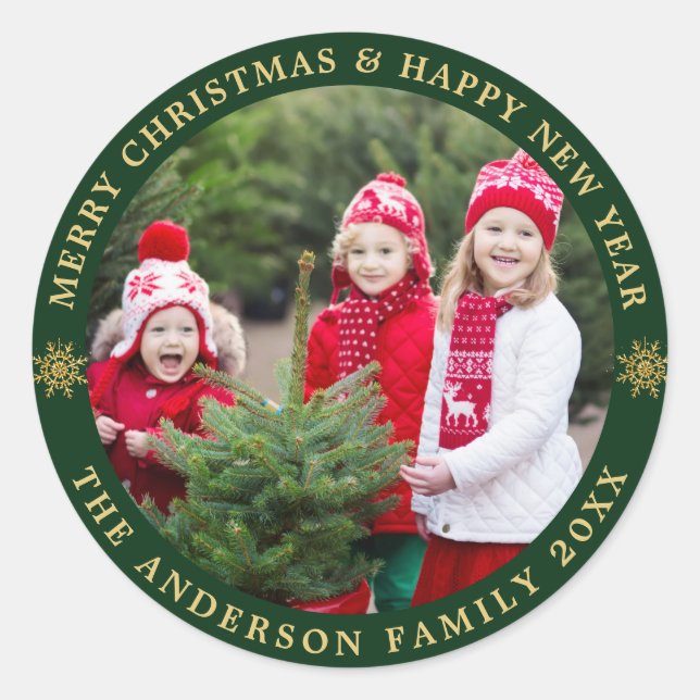 Sticker Rond Joyeux Noël vert et doré PHOTO (Devant)
