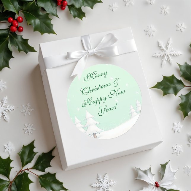 Sticker Rond Joyeux Noël vert et pins neigeux (Créateur téléchargé)