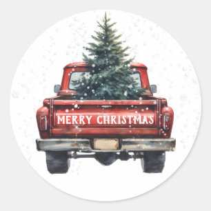 Sticker Rond Joyeux Noël vintage Camion Rouge