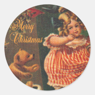 Sticker Rond Joyeux Noël Vintage fille et ours