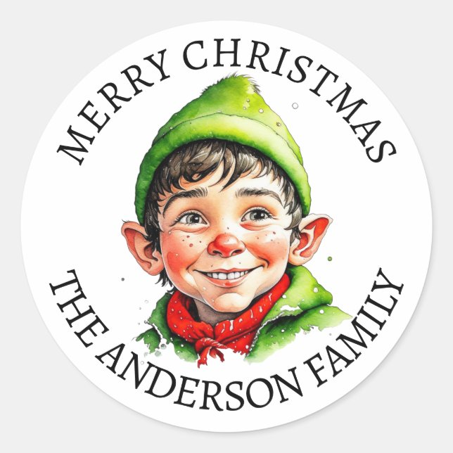 Sticker Rond Joyeux Noël | Vintage Little Boy Elf (Devant)