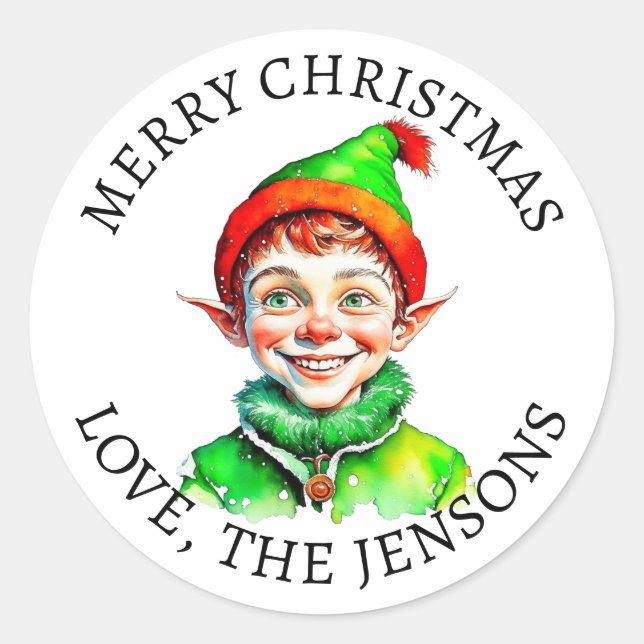 Sticker Rond Joyeux Noël | Vintage Petit Elfe Personnalisé (Devant)