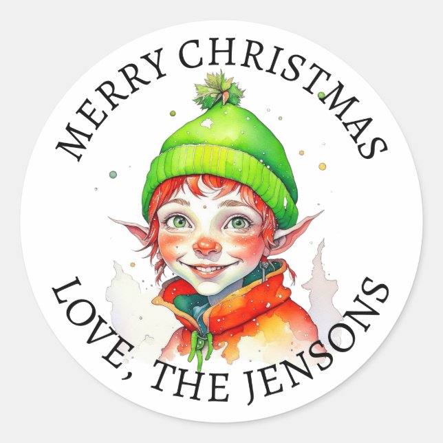 Sticker Rond Joyeux Noël | Vintage Petit Elfe Personnalisé (Devant)