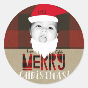 Sticker Rond Joyeux Noël visage du Père Noël Photo de vacances 
