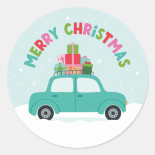 Sticker Rond Joyeux Noël Voiture avec Cadeaux en Bleu Aqua