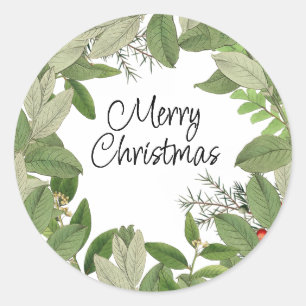 Sticker Rond Joyeux Noël Wreath Verdure Feuilles vacances