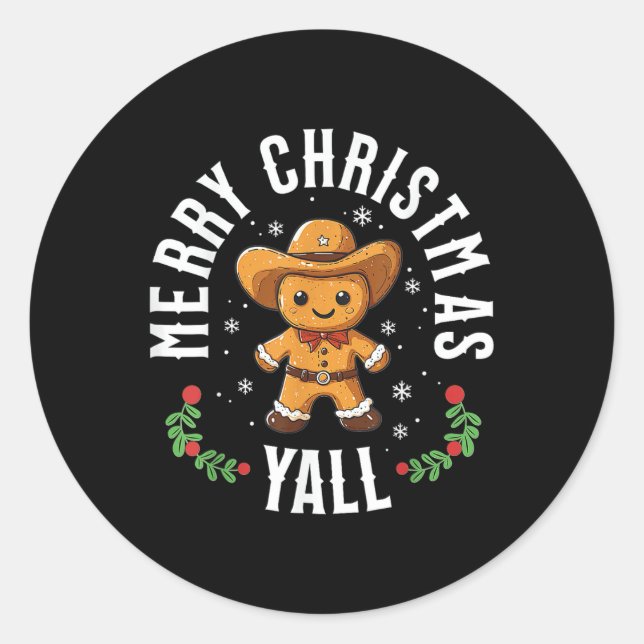 Sticker Rond Joyeux Noël Yall Gingerbread Cowboy Western (Devant)