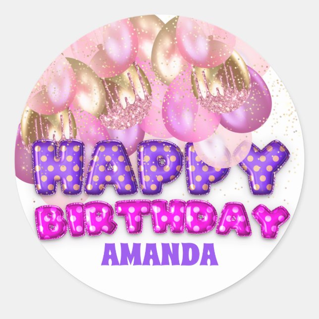 Sticker Rond Joyeux nom d'anniversaire Ballons rose violet or (Devant)