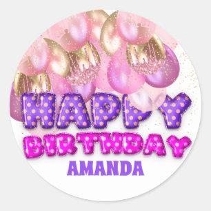 Sticker Rond Joyeux nom d'anniversaire Ballons rose violet or