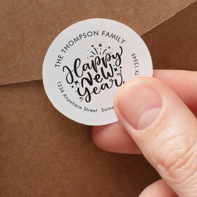 Sticker Rond Joyeux Nouvel An Artsy Script Nom de retour Adress (Créateur téléchargé)