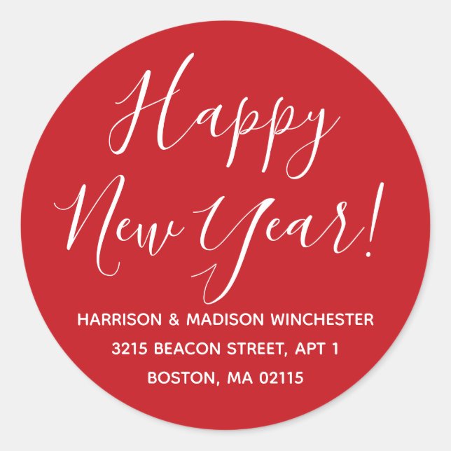 Sticker Rond Joyeux Nouvel An rouge blanc script adresse de ret (Devant)