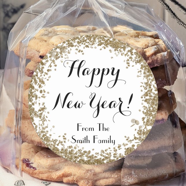 Sticker Rond Joyeux Nouvel An Simple Or et Blanc (Créateur téléchargé)