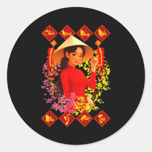 Sticker Rond Joyeux Nouvel An Tet Binh Ngo 2026 Fille Vietnamie