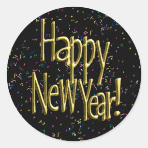 Sticker Rond Joyeux Nouvel An - Texte Or sur Confetti Noir