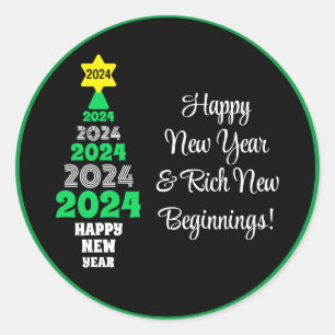 Sticker Rond Joyeux Nouvel An Vert et Blanc Arbre Festif Amusan