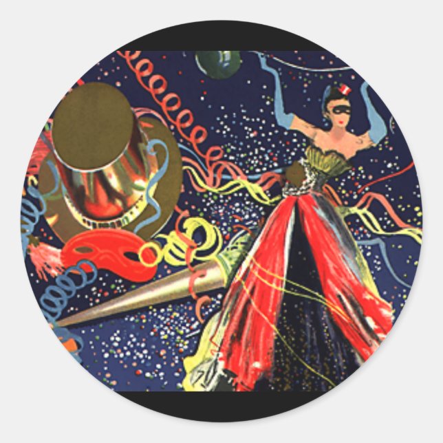 Sticker Rond Joyeux Nouvel An vintage avec Confetti (Devant)