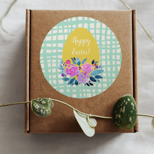 Sticker Rond Joyeux oeuf de Pâques rustique plaid à l'orange