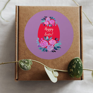 Sticker Rond Joyeux oeuf rouge fleuri à l'aquarelle de Pâques