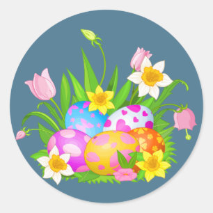 Sticker Rond Joyeux oeufs de Pâques et fleurs