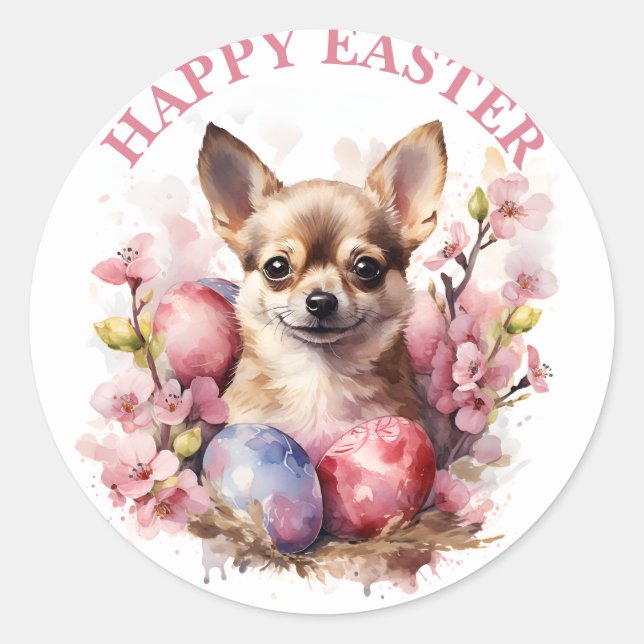 Sticker Rond Joyeux oeufs et fleurs de Chihuahua de Pâques - (Devant)