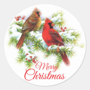 Sticker Rond Joyeux Oiseaux Cardinaux De Noël En Arbre