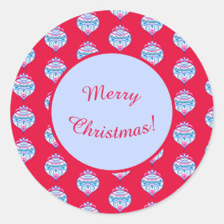 Sticker Rond Joyeux ornements de Noël sur rouge vif