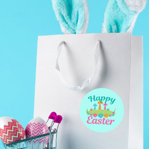 Sticker Rond Joyeux Pâques Belles Fleurs Religieuses Croix