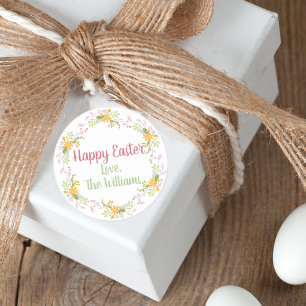 Sticker Rond Joyeux Pâques Elégant rose Merci floral