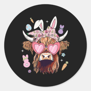 Sticker Rond Joyeux Pâques Heifer Vache Lapin Oreilles Chasse a