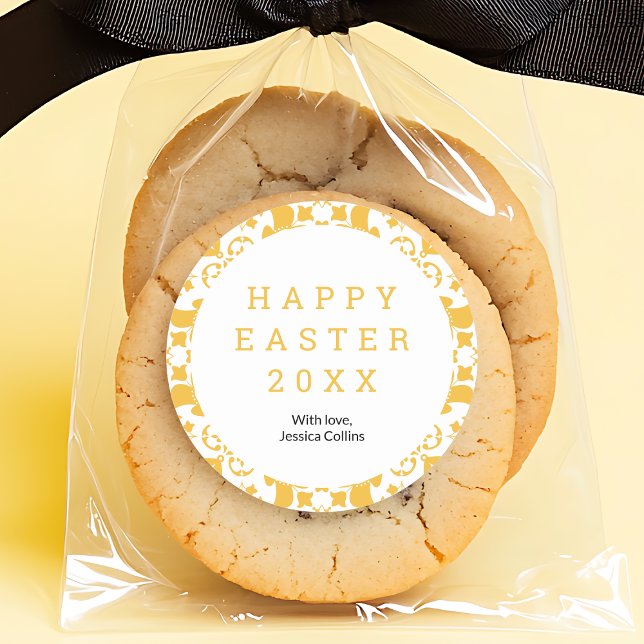 Sticker Rond Joyeux Pâques Jaune élégant motif floral personnal (Happy Easter Yellow Elegant Floral Pattern Custom Classic Round Sticker)
