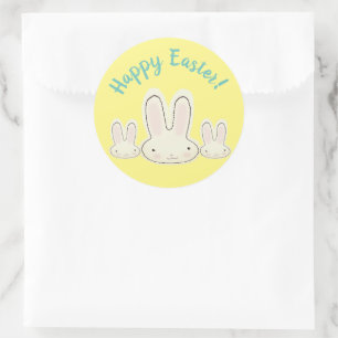 Sticker Rond Joyeux Pâques mignon lapins amusants jaune illustr